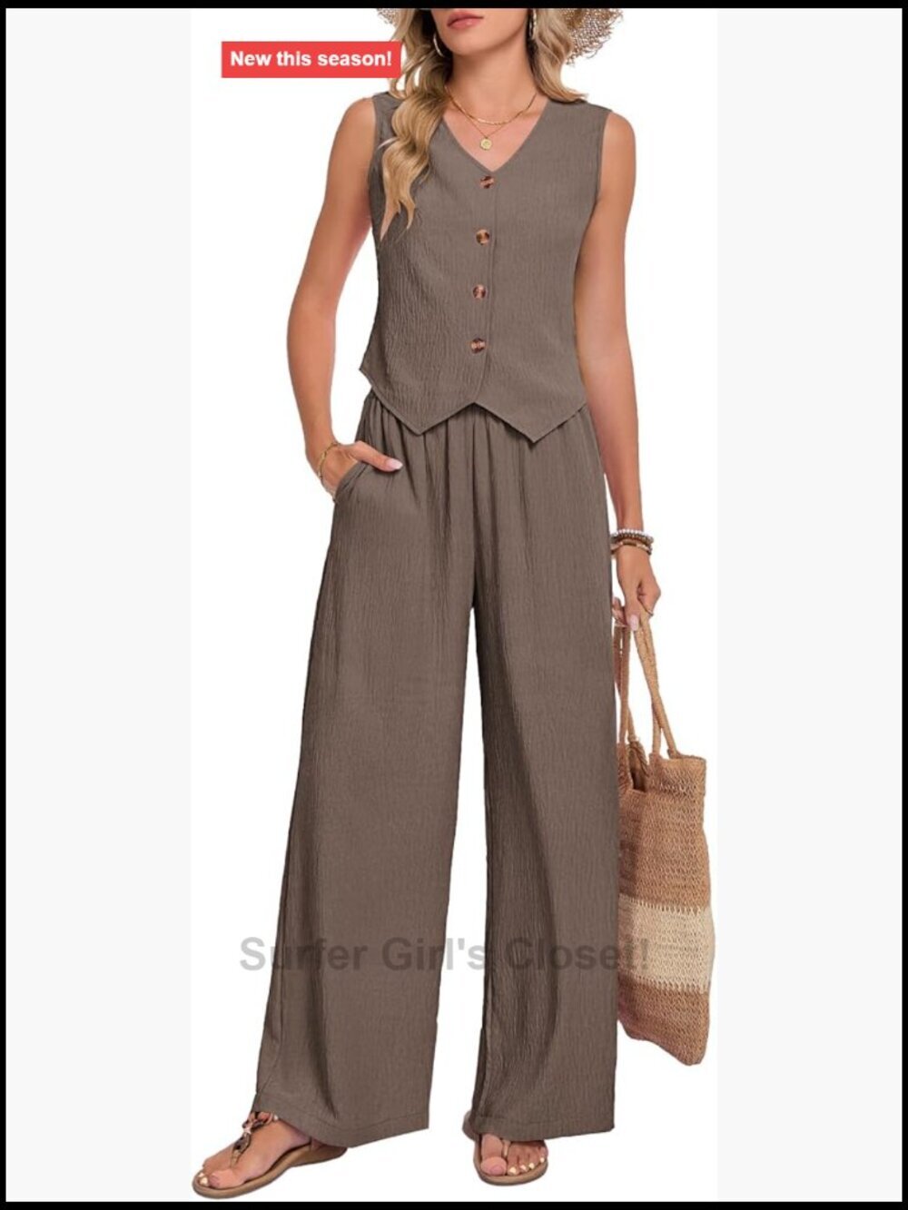 2 Piece Linen Vest Blazer Wide Leg Pant Set Vacation Outfits